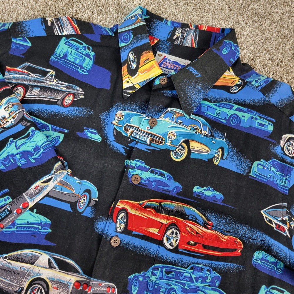 Reyn Spooner Sports Authentic Merchandise Mens Large Black AOP Cars Hawaiian SS